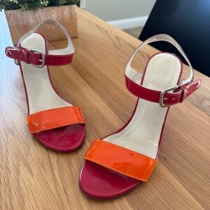 STUART WEITZMAN WEDGE SANDALS COLORBLOCK LEATHER STRAPLY OPEN TOE SZ 8 VIBRANT 8